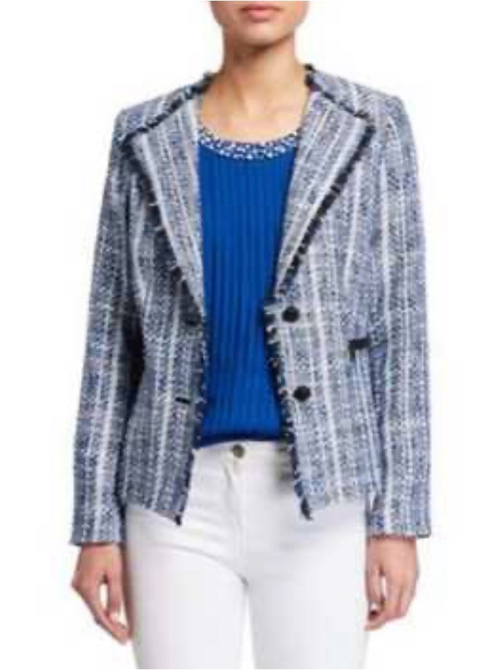 Karl Lagerfeld Paris Blazer Women 8 Blue Tweed Blazer Preppy 90s Y2K Fringe 10